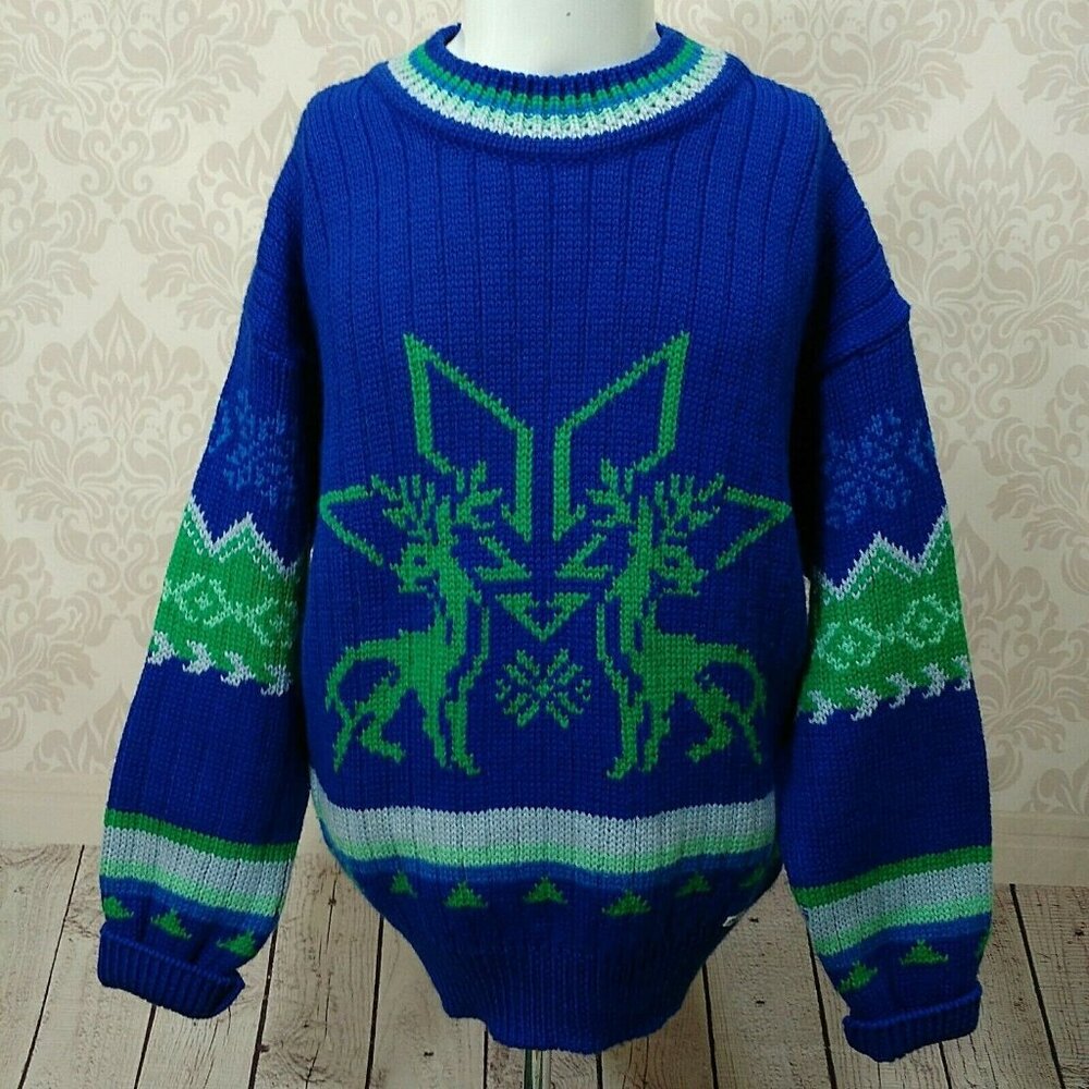 Vintage Steffner Austrain Wool Nordic Sweater size L Blue Green pullover Jumper